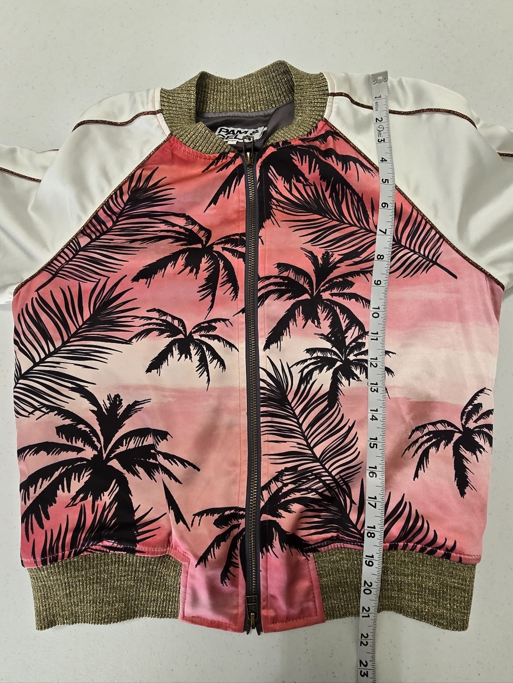 Pam & Gela Pink Black Palm Print Satin Bomber Jacket ASO Women's Small - Picture 4 of 11
